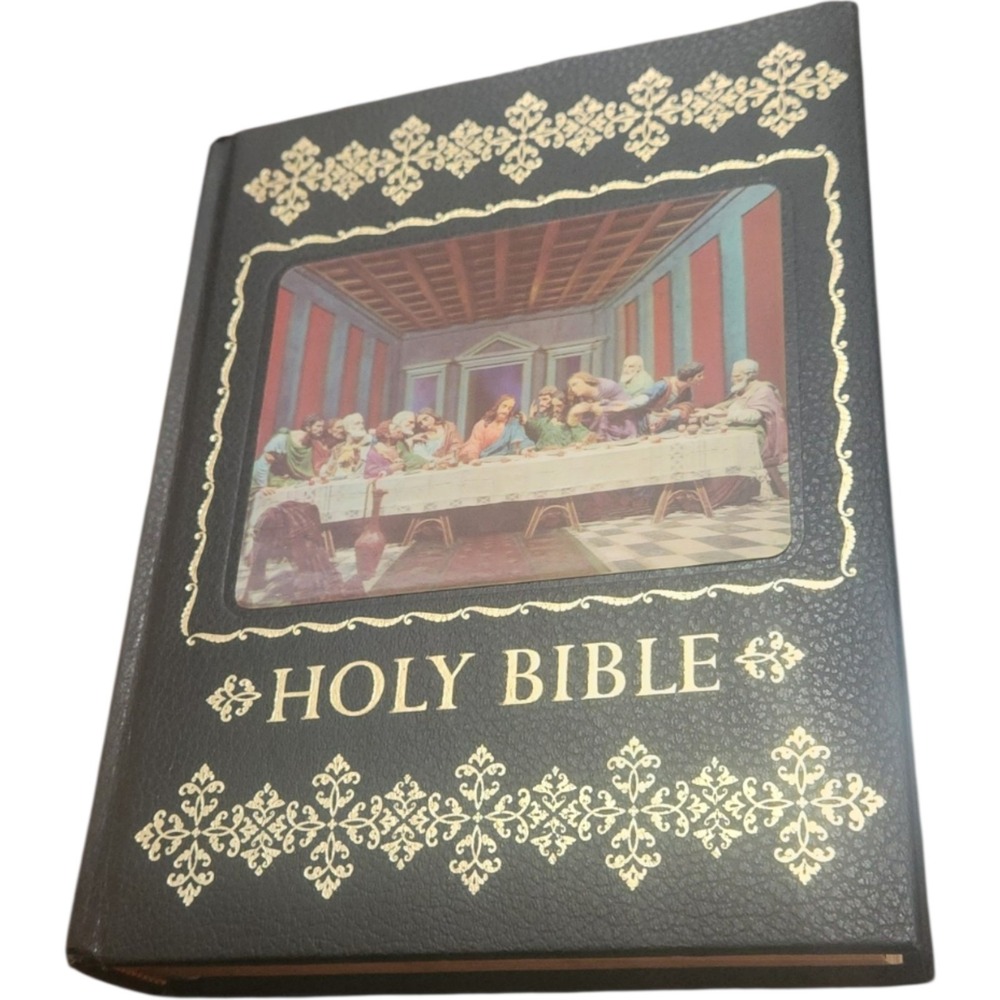 Holy Bible The Last Supper Black Gold Gilt Vintage KJV Full Color Illustrated